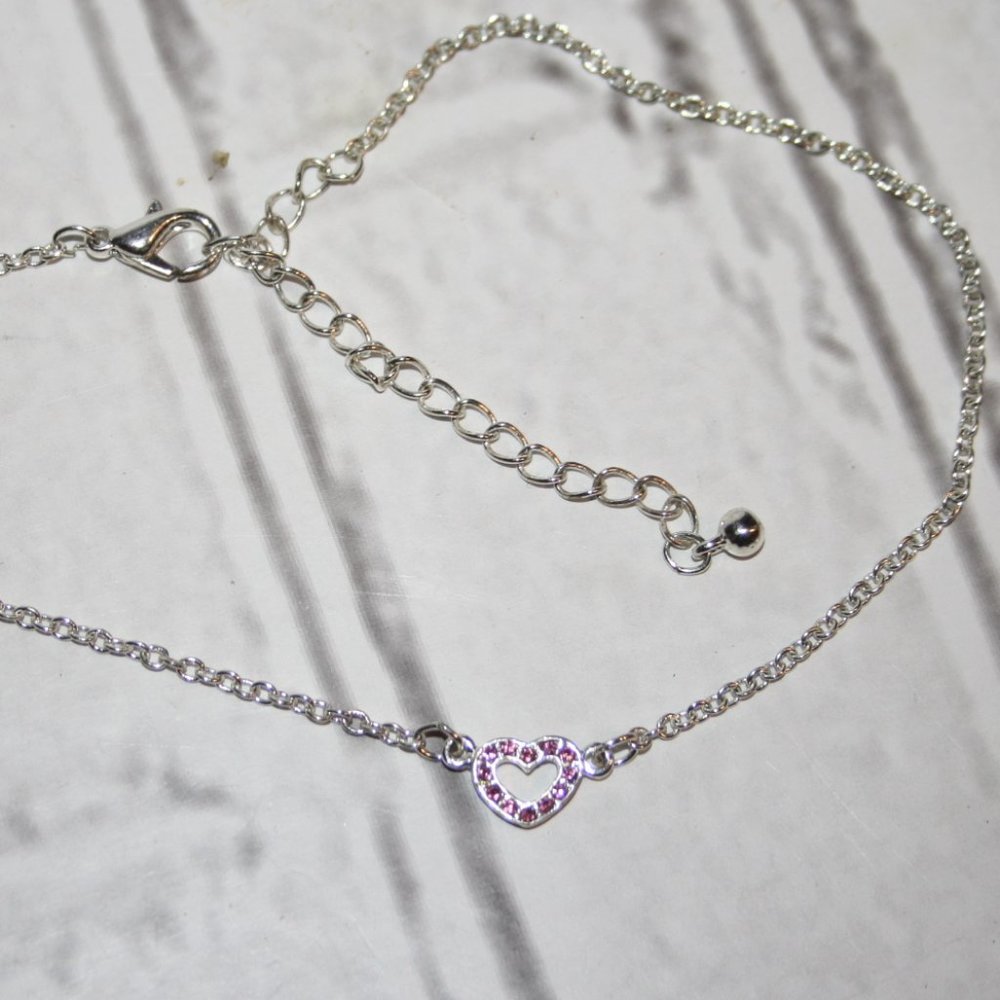 💖✨ Silver + Pink Rhinestone Heart Choker · 12–15" ✨💖